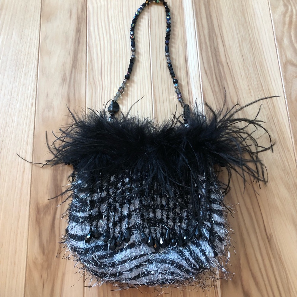Vintage Y2K Occhio Black Feather Beaded Fringe Patterned Bag
